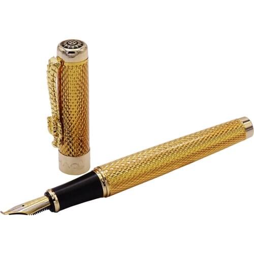 Jinhao 1200 Vintage Luxurious Calligraphy Fountain Pen Bent Nib Beautiful Ripple with Dragon Clip, Golden Metal Carving Ink Pen