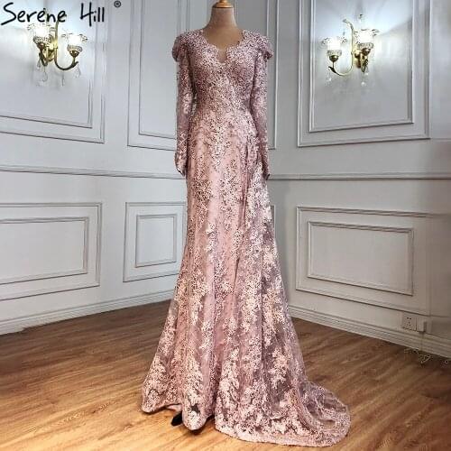 Serene Hill Muslim Pink Luxury Evening Dresses Gowns 2021 A-Line Lace Beaded Crystal For Women Party BLA71164