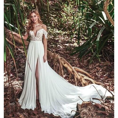 Off the Shoulder White Split Side Wedding Dresses Open Back Custom Made Chiffon Court Train Bridal Gowns