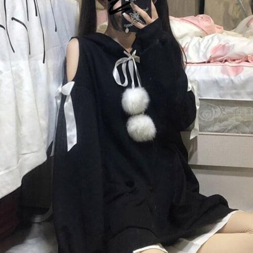 SXGOTH Sweatshirt Halloween Hoodie Cute Women Oversized Lolita Harujuku Hoody Ladies Cyber Kawaii Goth Long Sleeve Off Shoulder