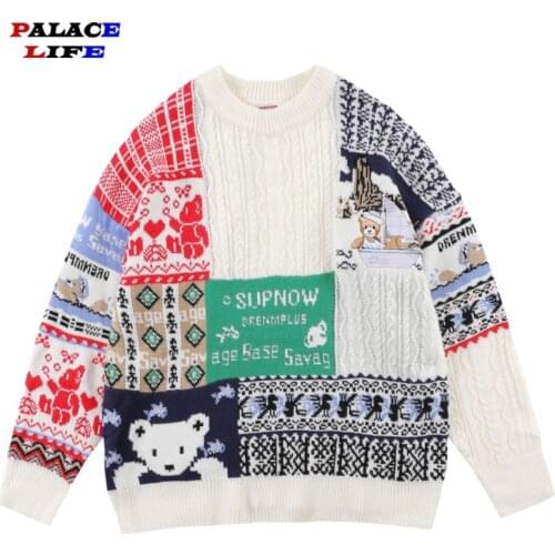 Streetwear 2021 Men Patchwork Pattern Knitted Sweater Hip Hop Autumn Harajuku Couple Retro Bear Print Casual Pullover Sweater