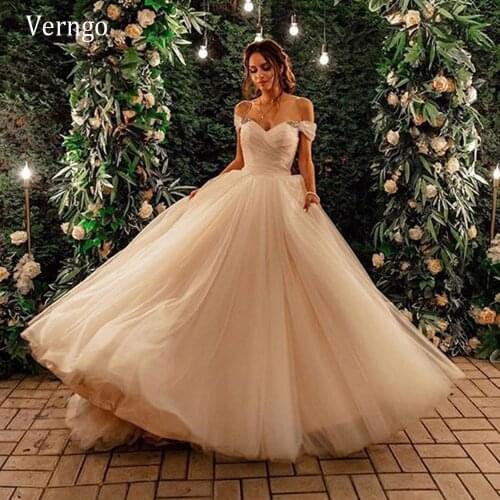 Verngo Vintage Rose Champagne Tulle Wedding Dress Off the Shoulder Short Sleeves Pleats Bride Gowns Simple Bridal Dresses