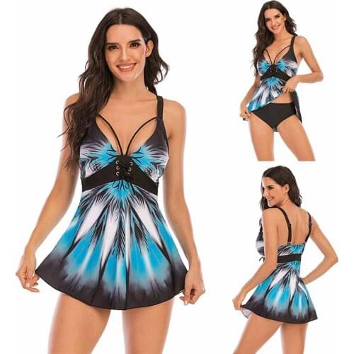 Vintage Plus Size Tankini Sets Swim Women Printed Tummy Control Swimsuit Female Two Piece Lace Up Bandage Beachwear Bathing Suit