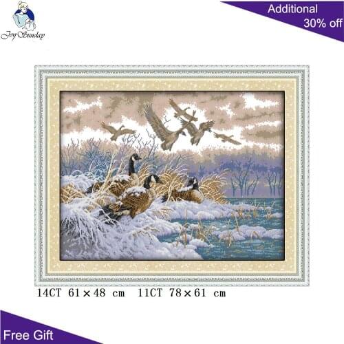 Joy Sunday Duck Embroidery DIY D849 14CT 11CT Counted and Stamped Home Decoration The Flying Birds In Snow Day Cross Stitch Kits