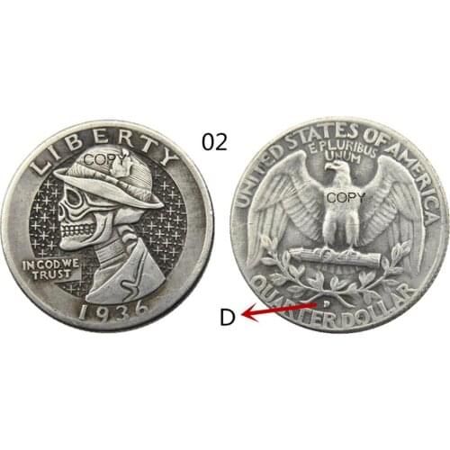 W(02)Hobo Creative 1936D Washington Quarter Dollars skull zombie skeleton hand carved Copy Coins