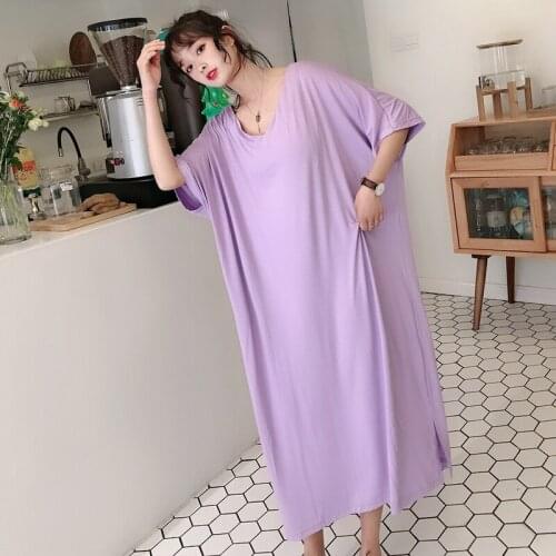 Plus size nightdress fat mm female summer sexy v-neck modal dress long can be worn outside home fashion purple hot sale пижама