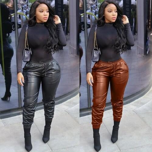S-XXXL Black PU Faux Leather Jogger Trouser for Women Fashion High Waist Drawstring Bodycon Pant Moto Biker Female Party Bottoms