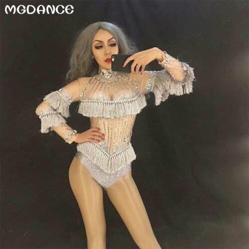 Sexy bodysuit Sparkly Crystals Tassel Leotard Costume Rhinestones Outfit Birthday Silver Diamonds Bodysuit Performance Wear