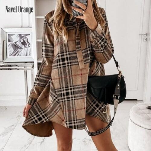 Women Turn-Down Collar Button Mini Dress Spring Autumn Full Sleeve Plaid Ladies Dress Elegant Irregular Streetwear Dropshipping