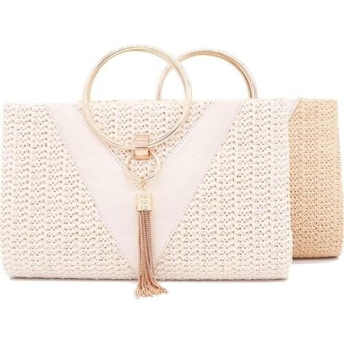 066F Womens Evening Clutch Bags Retro Tassel Handbag Ring Handle Handbag Straw Purse Cocktail Wedding Party Prom Bag