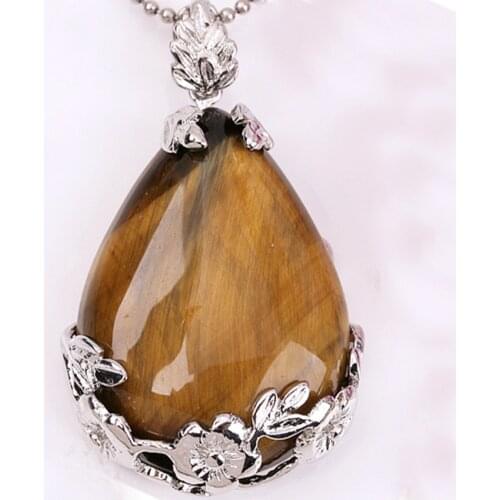 100-Unique 1 Pcs Silver Plated Original Tiger Eye Stone With Flower Water Drop Pendant Charm Jewelry
