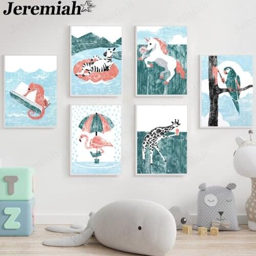 Cartoon Animal Canvas Painting Abstract Zebra Giraffe Bird Poster Wall Art Nordic Home Childrens Room Decoration Accessories
