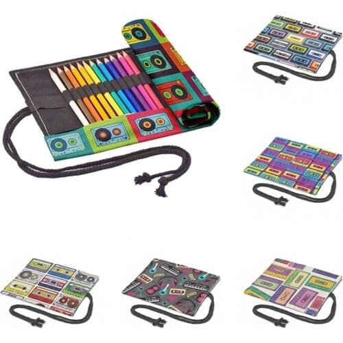 Retro Tape Printed Painting Arting Roll Pencil Case Student Canvas Storage Pen Bag 12/24/36/48/72 Holes School Stationery Bag