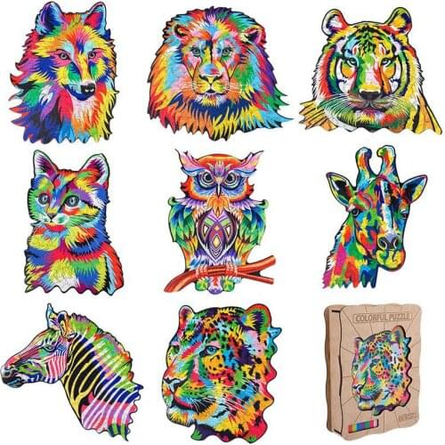 Wooden Unique Jigsaw Puzzles Wolf Lion Cat Owl Deer Zebra Leopard Tiger Each Piece Is Cartoon Animal Puzzle For Adults Kids Toys