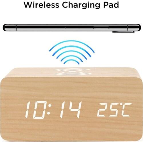 Wooden Electric Alarm Clock with Wireless Charging Pad LED Digital Charger for Bedroom Digital Home Decoration