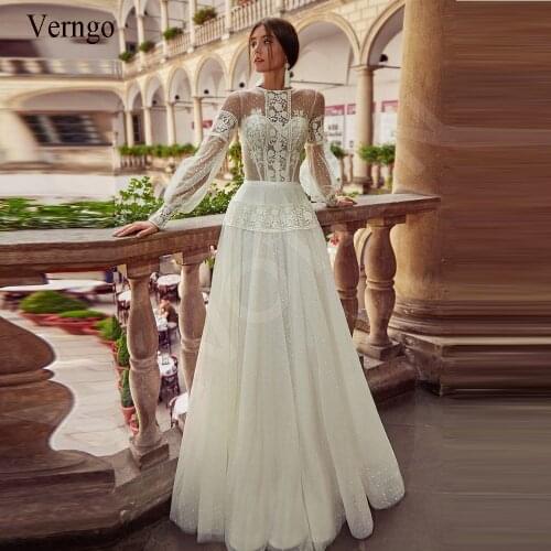 Verngo Elegant Boho Puffy Sleeve Dot Tulle Lace Wedding Dresses for Bridal Long Sleeve Vintage Buttons Back 2020 Bride Gown