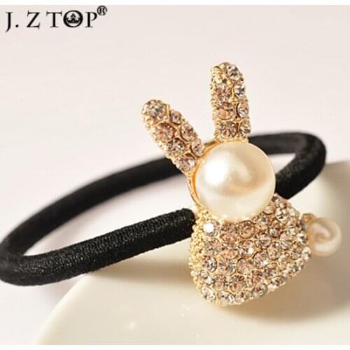 Fashion Imitation Pearl Rhinestone Hair Rope Elastic Hair Circle Alloy Rabbit Bow Hair ornaments Head Flower Ponytail Hair ring