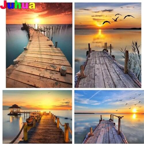 Lake sunset landscape diy diamond painting full square round drill bridge diamond embroidery stitch mosaic home decor