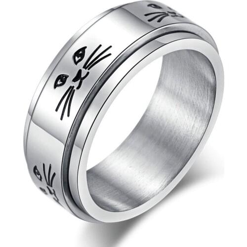 8mm Lovely Cat Kitty Trendy Rings For Women Spinner Rotating Stainless Steel Womens Wedding Ring Box Comfort Fit Band