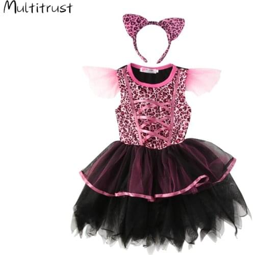 Kids girl purple Leopard design cosplay costume children halloween party animal Footprint print tutu dress with headband 2pcs