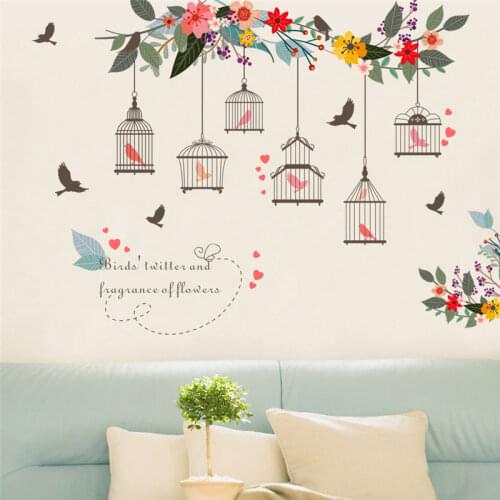 Colorful Flower Birds Birdcage Wall Sticker Decals Wall Art for Home Living Room Bedroom TV Background Garden Window Decor
