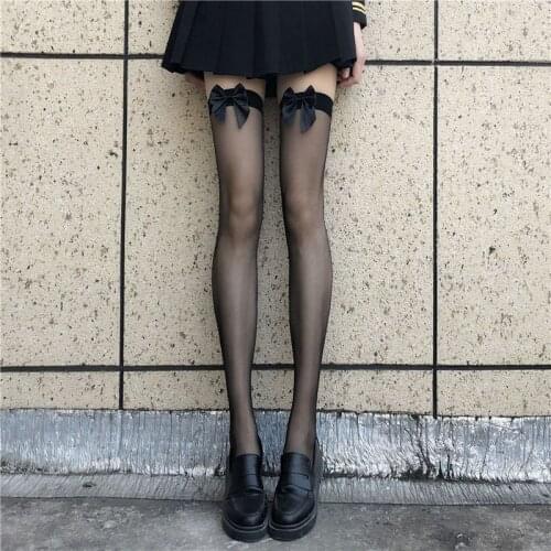 Summer thin black silk JK spice lace socks bow Lolita knee socks