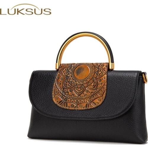 LUKSUS Vintage Style Brown Red Flower Embossed Messenger Bags for Women 2020 Genuine Leather Black Handbags sac femme bolsos