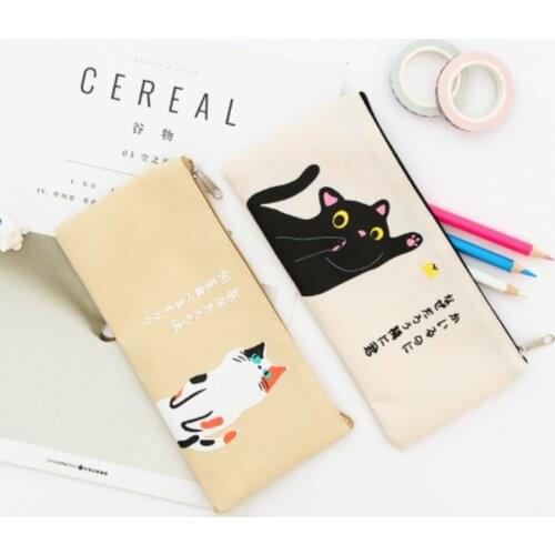 Cute Cartoon Cat Pencil Bag Canvas Pencil Case Student Stationery Pen Pencil Eraser Storage Bag Makeup Bag School Office Supply