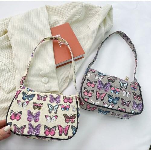 Fashion Women Daisy Butterfly Plaid Printing Canvas Shoulder Underarm Bag Ladies Vintage Zipper Mini Top-handle Handbags