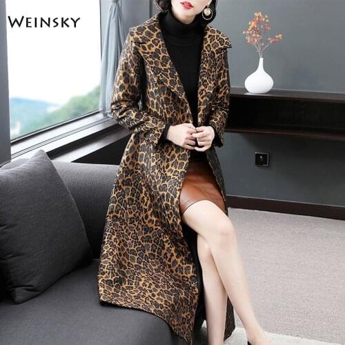 2019 New Women Elegant Leopard Slim Outwear Ladies Office Coat Design Sashes X-Long Women Trench
