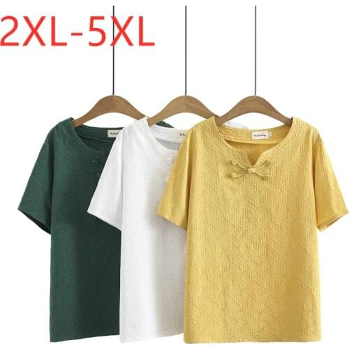 New 2021 Ladies Summer Plus Size Tops For Women Large Short Sleeve Loose Yellow Cotton Jacquard Weave T-Shirt 2XL 3XL 4XL 5XL