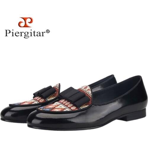 Piergitar Brand 2021 Handmade Leather patchwork paisley pattern cotton men loafers Fashion party and wedding men bow-tie shoes