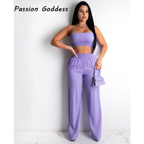 Casual Women 2 Piece Strapless Tops Long Straight Pants Set Ruched Tube Top Loose High Waist Pants Suit Two Piece Leisure Outfit
