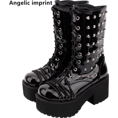Angelic imprint handmade mori girl Women motorcycle punk boots lady lolita Boots woman high trifle heels pumps shoes rivets 8cm