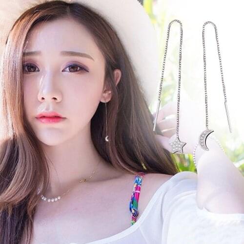 New Fashion 925 Sterling Silver Zircon Moon Star Box Chain Long Tassel Ear Line Luxury Drop Earrings For Women