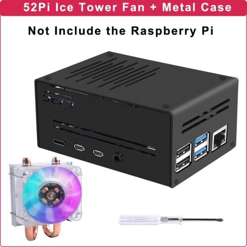 52Pi Ice Tower Fan Metal Case with 7 Colors RGB Changing LED Light Copper Tube Cooler Cooling Fans for Raspberry Pi 4 Model B