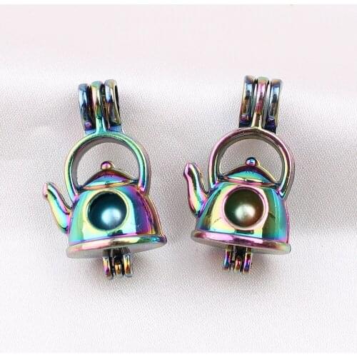 5pcs/lot Rainbow Color Creative Water Kettle Pearl Cage Bead Cage Pendant Lockets for Oyster Akoya Pearl Jewelry Making