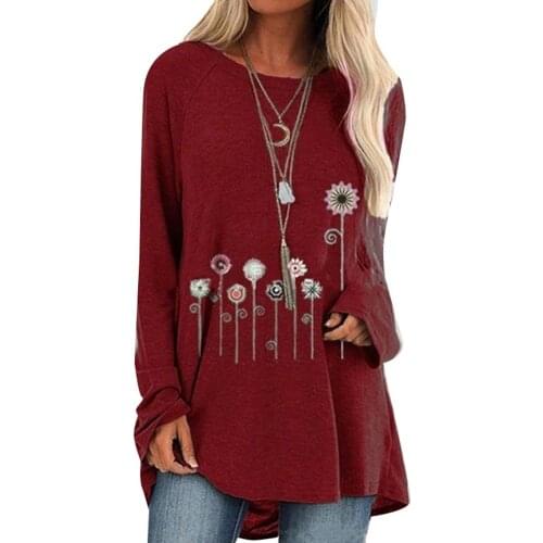Plus Size Women T-Shirts Casual Autumn Floral Print Long Sleeve Tees O Neck Loose t Shirt Pullover Womens Top Sweater