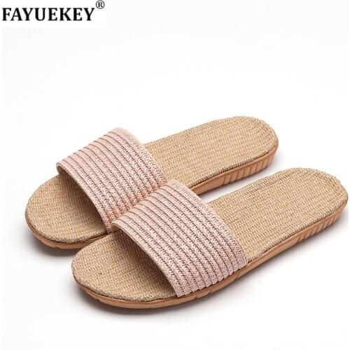 FAYUEKEY 2019 New Summer Home Breathable Non-slip Linen Flax Slippers Women Floor Beach Outdoor Slides Sandals Flat Shoes