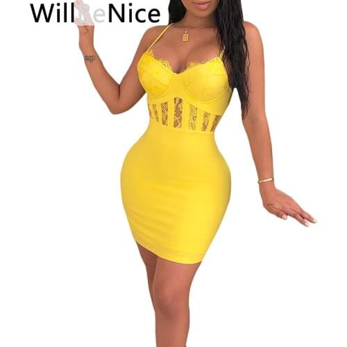WillBeNice Women Summer Bandage Dress 2019 Yellow Low Hollow Cut Sexy Night Club Mini Bandage Dress