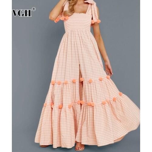 VGH Plaid Slit Dress For Women Square Collar Sleeveless High Waist Patchwork Summer Sling Dresses Female Fashion New Clothing