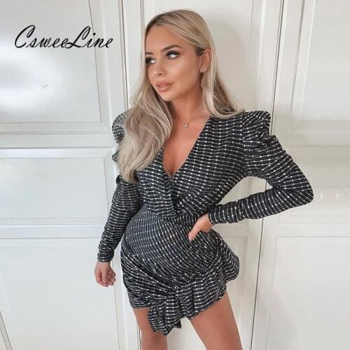 New trend v neck ruffles giltter party sequin dress women sexy night club dress vestidos chic outfits 2020 runway dresses