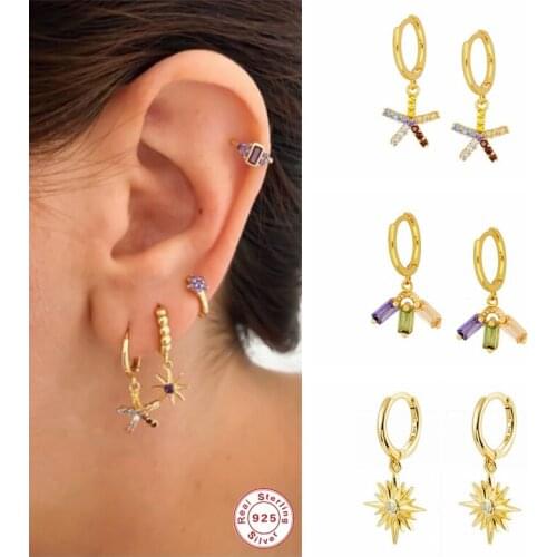 Aide Genuine 925 Sterling Silver Purple Crystal Pendant Hoop Earrings for Women Girls Flower Zircon Circle Earring Pendientes