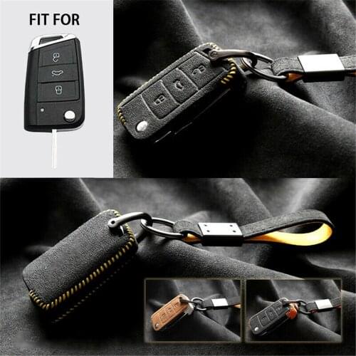Suede Leather Flip Remote Start Car Key Cover Case Protector Holder Auto Accessories For VW Golf 7 Skoda Octavia Seat Leon Ibiza