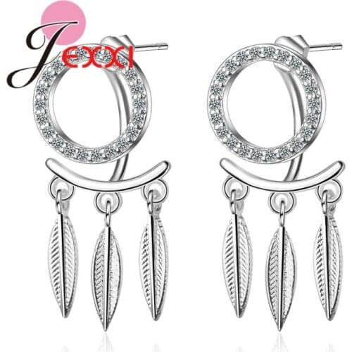 Miraculous Modern 925 Sterling Silver Earrings Stud With Clear Cubic Zirconia Feather Tassel Drop Pendant For Female Gifts