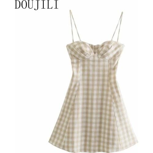 DOUJILI Elegant Plaid Short Dress Sleeveless Backless Strap Fashion Women Sexy Dresses For Party Wear