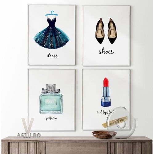Perfume Bottle Illustration Art Prints Lipstick High Heeled Shoes Arty Dress Canvas Painting Poster Living Room Home Wall Decor