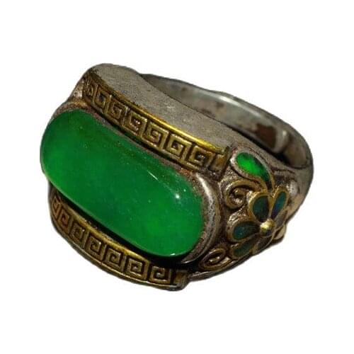 China Old Tibetan Silver Inlaid Emerald Gold Ring Ornament