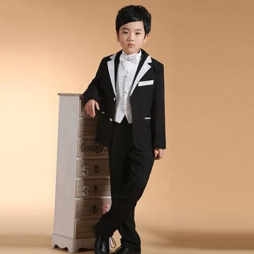 5pcs/Set Boys Suits For Weddings Kids Boy Suits Set Long Black Blazers Suits Boys Formal Clothing Set Children Formal Prom Dress