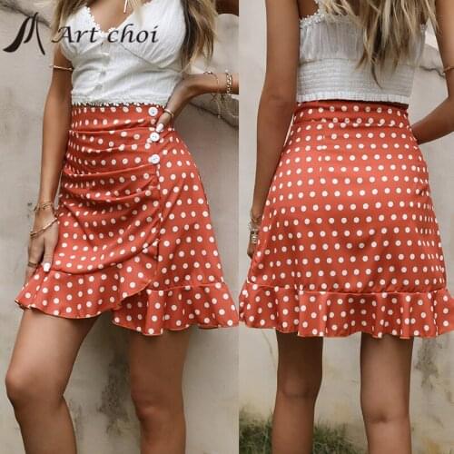 Summer Mini Skirt Women Ruffle Skirt A-Line High Waist Beach Dot Print Button Pleated Skirts Ladies Streetwear Slim Bottoms